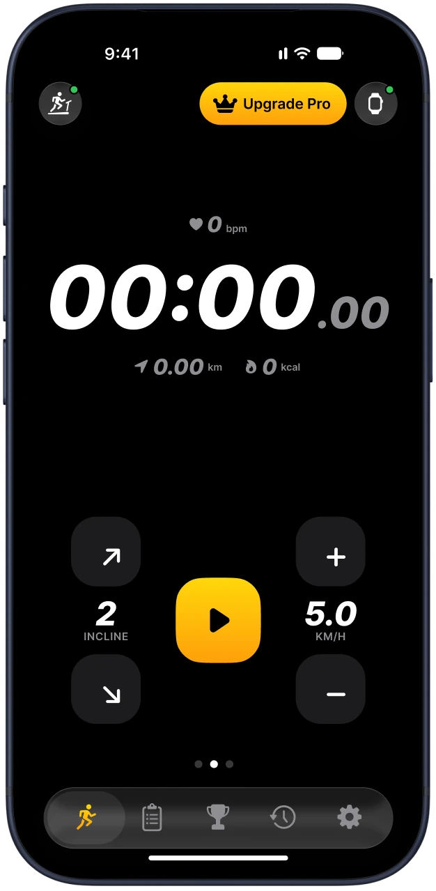 Экран управления Treadmill Pro на iPhone - таймер, скорость и управление наклоном
