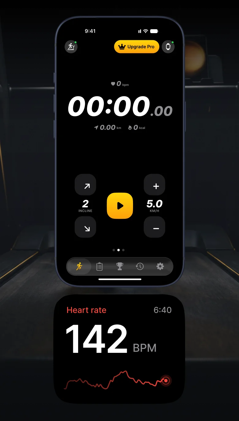 Экран управления Treadmill Pro на iPhone - таймер, скорость и управление наклоном