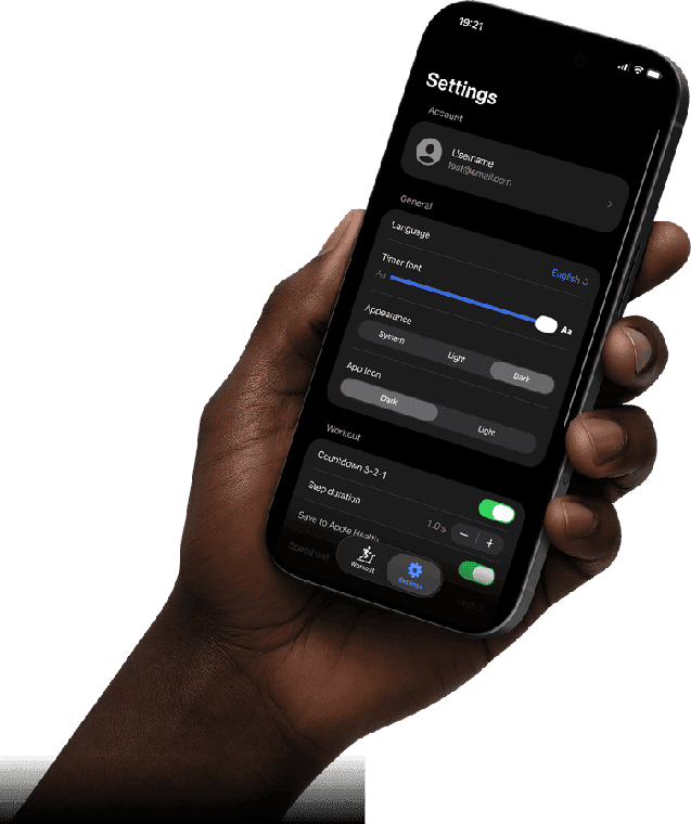 Treadmill Pro settings — language, theme, app icon and Apple Health sync