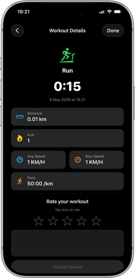 Workout details in Treadmill Pro — distance, calories, speed, pace and rating